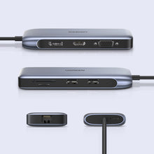 Заредете изображение във визуализатора на галерията – Ugreen multi-functional HUB 9in1 USB Type C - HDMI, DP, VGA, 2 x USB, RJ45 Ethernet, SD / TF card reader, USB Type C PD 100W gray (CM274) - TopMag
