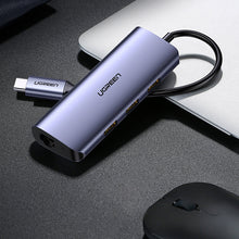 Заредете изображение във визуализатора на галерията – Ugreen multifunctional adapter HUB USB Type C - 3 x USB / Ethernet RJ-45 / micro USB gray (CM252) - TopMag
