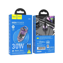 Заредете изображение във визуализатора на галерията – HOCO car charger Type C + cable Type C to Apple Lightning 8-pin PD 30W Z53 purple
