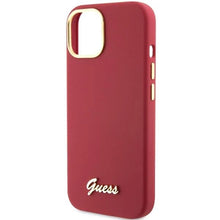 Заредете изображение във визуализатора на галерията – Guess Silicone Script Metal Logo &amp; Frame case for iPhone 15 - red
