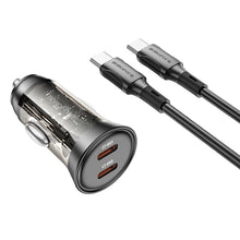 Заредете изображение във визуализатора на галерията – Borofone Car charger BZ26B Discovery - 2xType C - PD 45W 3A with Type C to Type C cable transparent-black
