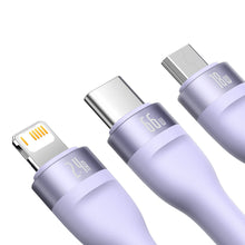 Заредете изображение във визуализатора на галерията – Baseus Flash Series Ⅱ 3in1 Cable with Fast Charging USB-A to USB-C / Micro-USB / Lightning 66W 480Mb/s 1.2m Purple
