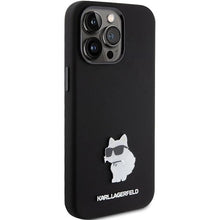 Заредете изображение във визуализатора на галерията – Karl Lagerfeld Silicone Choupette Metal Pin case for iPhone 15 Pro Max - black
