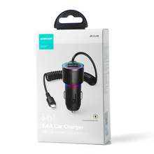 Заредете изображение във визуализатора на галерията – Joyroom 3-in-1 fast car charger with Lightning cable 1.5m 17W black (JR-CL25)
