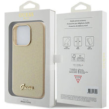Заредете изображение във визуализатора на галерията – Guess Glitter Glossy Script case for iPhone 15 Pro - gold
