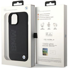 Заредете изображение във визуализатора на галерията – Original Case BMW Magsafe Leather Hot Stamp BMHMP15MSLLBK for Iphone 15 Plus Black
