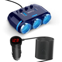 Заредете изображение във визуализатора на галерията – Car Cigarette Lighter Socket Splitter B39-C - 3 sockets + USB + Type C - QC 3.0 PD 3A 120W with display and cable
