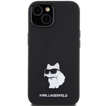 Заредете изображение във визуализатора на галерията – Karl Lagerfeld Silicone Choupette Metal Pin case for iPhone 15 - black
