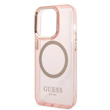 Заредете изображение във визуализатора на галерията – Guess GUHMP14LHTCMP iPhone 14 Pro 6.1&quot; pink/pink hard case Gold Outline Translucent MagSafe
