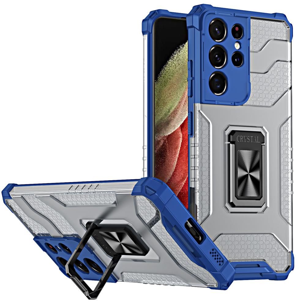 Crystal Ring Case tough hybrid cover + magnetic holder for Samsung Galaxy S22 Ultra blue - TopMag