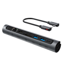 Заредете изображение във визуализатора на галерията – Acefast HUB multifunctional USB Type C laptop stand - 2x USB 3.2 Gen 1 (3.0, 3.1 Gen 1) / TF, SD / HDMI 4K @ 60Hz / RJ45 1Gbps / PD 3.0 100W (20V / 5A) gray (E5 space gray) - TopMag
