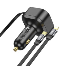 Заредете изображение във визуализатора на галерията – HOCO car charger with telescoping cable Type C + Lightning QC PD 30W NZ13 black
