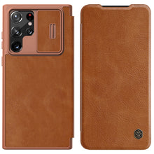 Заредете изображение във визуализатора на галерията – Nillkin Qin Leather Pro Case Cover For Samsung Galaxy S22 Ultra Camera Protector Holster Cover Flip Cover Brown - TopMag
