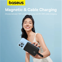 Заредете изображение във визуализатора на галерията – Baseus Magnetic Mini MagSafe 10000mAh 20W powerbank with built-in Lightning cable - black + Baseus Simple Series USB-C - USB-C 60W 0.3m cable
