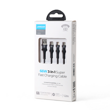 Заредете изображение във визуализатора на галерията – Joyroom 3in1 USB cable - USB Type C / micro USB / Lightning 66W 6A 1.2m black (S-1260G5) - TopMag
