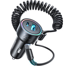 Заредете изображение във визуализатора на галерията – Joyroom fast car charger 3 in 1 with USB Type C cable 1.5m 55W black (JR-CL07) - TopMag
