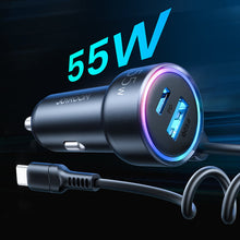 Заредете изображение във визуализатора на галерията – Joyroom fast car charger 3 in 1 with USB Type C cable 1.5m 55W black (JR-CL07) - TopMag
