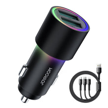 Заредете изображение във визуализатора на галерията – Joyroom car charger 2 x USB with illumination 24W + power cable 3in1 USB Type C / micro USB / Lightning 1.2m black (JR-CL10) - TopMag
