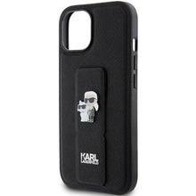 Заредете изображение във визуализатора на галерията – Karl Lagerfeld Gripstand Saffiano Karl&amp;Choupette Pins case for iPhone 15 Plus / 14 Plus - black
