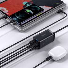 Заредете изображение във визуализатора на галерията – Baseus GaN3 Pro fast GaN charger 2 x USB Type C / 2 x USB 65W PD, QC4.0 +, AFC, PPS + USB Type C - USB Type C cable 1m black (CCGP040101) - TopMag
