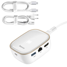 Заредете изображение във визуализатора на галерията – Baseus multifunctional USB Type C HUB, memory card reader, external network card (USB 3.0, RJ45, HDMI, SD, micro SD) Power Delivery 60 W white (CAHUB-AU02) - TopMag

