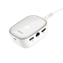 Заредете изображение във визуализатора на галерията – Baseus multifunctional USB Type C HUB, memory card reader, external network card (USB 3.0, RJ45, HDMI, SD, micro SD) Power Delivery 60 W white (CAHUB-AU02) - TopMag
