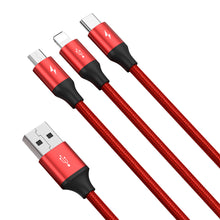 Заредете изображение във визуализатора на галерията – Baseus 3-in-1 cable with USB terminals - USB Type C / Lightning / micro USB 1.2m, 3.5A red (CAJS000009) - TopMag
