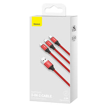 Заредете изображение във визуализатора на галерията – Baseus 3-in-1 cable with USB terminals - USB Type C / Lightning / micro USB 1.2m, 3.5A red (CAJS000009) - TopMag
