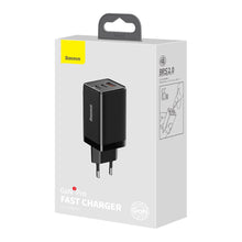 Заредете изображение във визуализатора на галерията – Baseus GaN3 Pro fast universal GaN charger 2 x USB Type C / USB 65W PD3.0, QC4.0 +, AFC black + USB Type C - USB Type C cable 1m (CCGP050101) - TopMag
