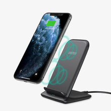 Заредете изображение във визуализатора на галерията – Choetech kit two-coil Qi wireless charger stand 10W black (T555-S) + USB charger 18W Power Delivery black (Q5003-EU) + USB-micro USB cable 1.2m black - TopMag
