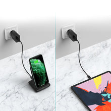 Заредете изображение във визуализатора на галерията – Choetech kit two-coil Qi wireless charger stand 10W black (T555-S) + USB charger 18W Power Delivery black (Q5003-EU) + USB-micro USB cable 1.2m black - TopMag
