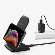 Заредете изображение във визуализатора на галерията – Choetech kit two-coil Qi wireless charger stand 10W black (T555-S) + USB charger 18W Power Delivery black (Q5003-EU) + USB-micro USB cable 1.2m black - TopMag
