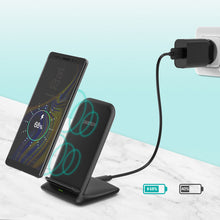 Заредете изображение във визуализатора на галерията – Choetech kit two-coil Qi wireless charger stand 10W black (T555-S) + USB charger 18W Power Delivery black (Q5003-EU) + USB-micro USB cable 1.2m black - TopMag

