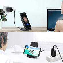 Заредете изображение във визуализатора на галерията – Choetech kit two-coil Qi wireless charger stand 10W black (T555-S) + USB charger 18W Power Delivery black (Q5003-EU) + USB-micro USB cable 1.2m black - TopMag
