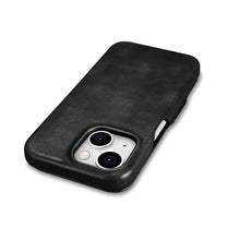 Заредете изображение във визуализатора на галерията – MagSafe Compatible Leather Flip Case for iPhone 15 iCarer Curved Edge Oil Wax Real Leather Folio Case - Black
