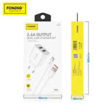Заредете изображение във визуализатора на галерията – Foneng Wall charger EU45 - 2xUSB - 12W 2,4A with USB to Type C cable white
