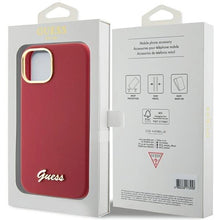 Заредете изображение във визуализатора на галерията – Guess Silicone Script Metal Logo &amp; Frame case for iPhone 15 - red
