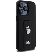 Заредете изображение във визуализатора на галерията – Original faceplate case KARL LAGERFELD KLHCP13LGSACHPK for iPhone 13 Pro (Gripstand Saffiano choupette PIN / black)
