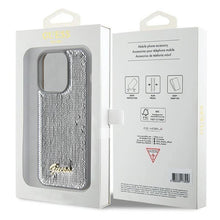 Заредете изображение във визуализатора на галерията – Guess Sequin Script Metal case for iPhone 15 Pro - silver
