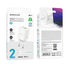 Заредете изображение във визуализатора на галерията – Borofone Wall charger BN14 Royal GaN - USB + Type C - QC 3.0 PD 30W with Type C to Type C cable white
