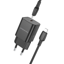 Заредете изображение във визуализатора на галерията – Borofone Wall charger BN13 Safety GaN - Type C - PD 30W with Type C to Lightning cable black
