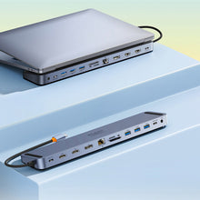Заредете изображение във визуализатора на галерията – Baseus EliteJoy Gen2 11-Port Type-C HUB Adapter Dark gray（Type-C to HDMI*1+USB3.0*3+PD*1+VGA*1+SD/TF*1+RJ45*1+Type-C Data*1+3.5mm*1）
