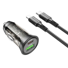 Заредете изображение във визуализатора на галерията – Borofone Car charger BZ26A Shadow - USB + Type C - PD 43W 3A with Type C to Lightning cable transparent-black

