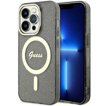 Заредете изображение във визуализатора на галерията – Original Case GUESS hardcase Glitter Gold MagSafe GUHMP14LHCMCGK for Iphone 14 Pro black
