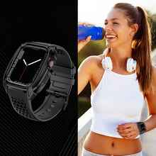 Заредете изображение във визуализатора на галерията – Kingxbar CYF148 2in1 Rugged Case for Apple Watch 8, 7 (45 mm) Stainless Steel with Strap Black
