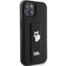 Заредете изображение във визуализатора на галерията – Karl Lagerfeld Gripstand Saffiano Choupette Pins case for iPhone 15 - black
