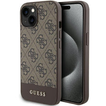 Заредете изображение във визуализатора на галерията – Original Case GUESS hardcase 4G Stripe Collection GUHCP15SG4GLBR for Iphone 13/14/15 brown
