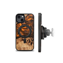 Заредете изображение във визуализатора на галерията – Wood and resin case for iPhone 15 Plus MagSafe Bewood Unique Orange - orange and black
