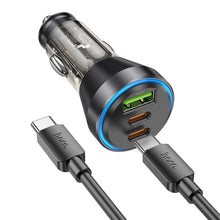 Заредете изображение във визуализатора на галерията – HOCO car charger USB QC 18W + 2 x Type C 30W + cabel Type C to Type C PD60W NZ12D transparent black
