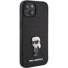 Заредете изображение във визуализатора на галерията – Karl Lagerfeld Fixed Glitter Ikonik Logo Metal Pin case for iPhone 15 - black
